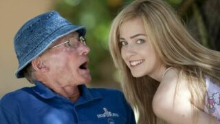 Beautiful teen sucks grandpa outdoors and she swallows it all